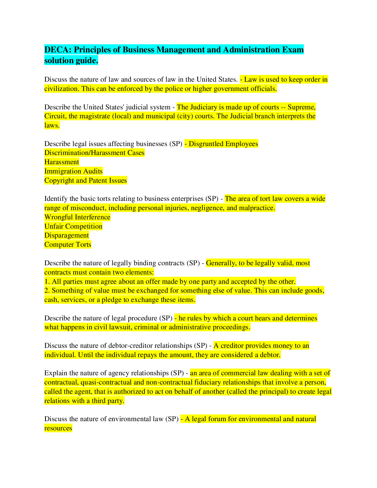 Preview image for DECA: Principles of Business Management and Administration Exam solution guide.